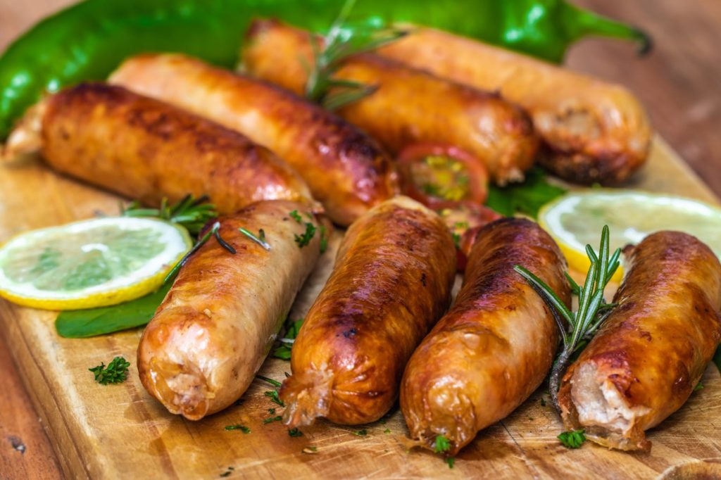 cooked sausages in close up view